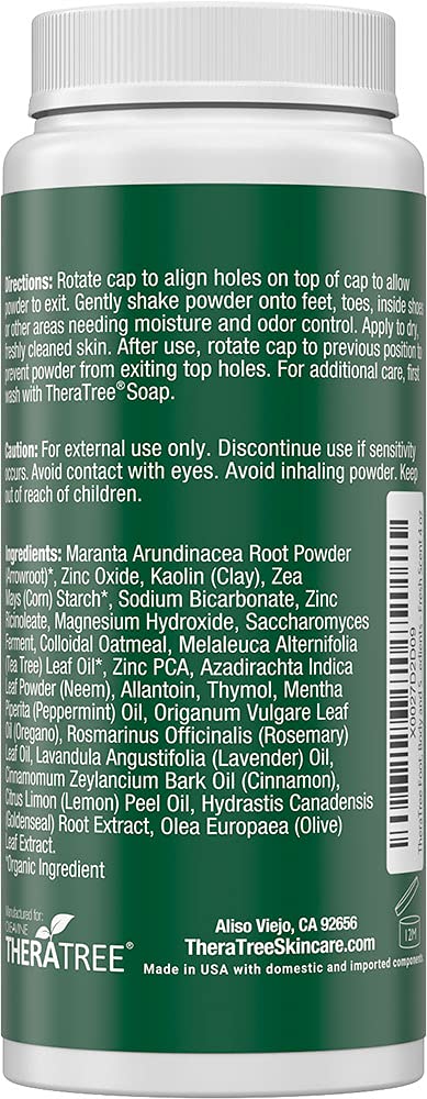 TheraTree Tea Tree Foot Powder, Odor and Sweat, Smelly Feet Deodorizer, 4oz | Oleavine Natural talc-free formula with tea tree, peppermint, and neem deodorizes smelly feet and shoes for men and women