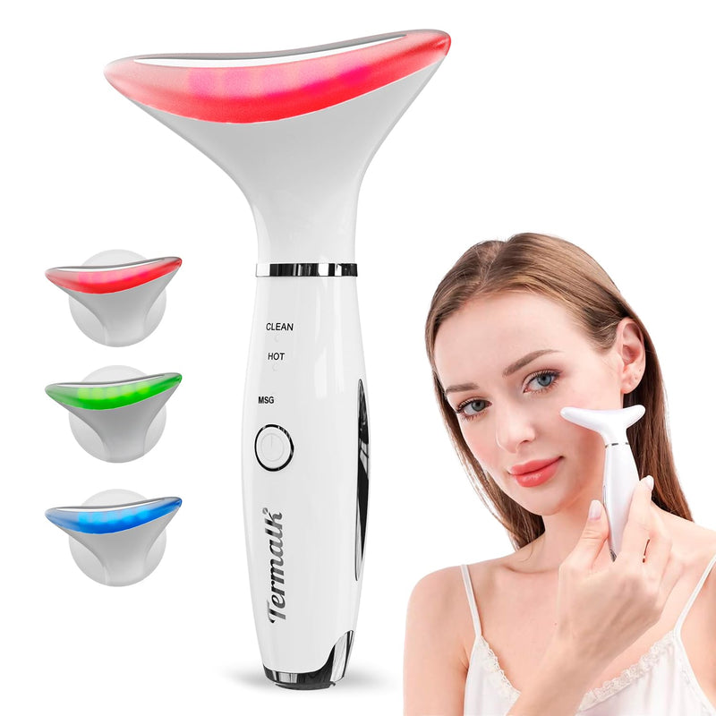3-in-1 Portable Face and Neck Massager Tool with LED, Red Light Therapy, Vibration & Thermal Functions for Skin Care, Lifting & Firming, Galvanic Facial Machine.