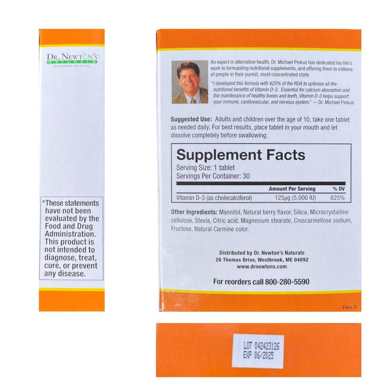 Dr. Newton's Naturals Vitamin D3 Fast-Melting Tablets - 5000 IU (125 mcg) Helps Maintain Healthy Bones and Immune Support - 30 Tablets - Ultimate Absorption – High Potency-Manufactured in USA