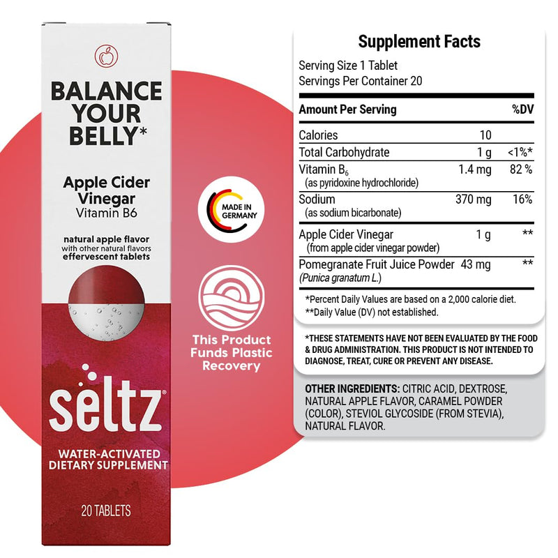 Seltz Apple Cider Vinegar Drink Tablets, Effervescent ACV with Vitamin B6 | Digestive Health, Blood Sugar and Gut Support, Drop Fizz and Drink, Refreshing and Supports Hydration, 20 Tablets, 1 Pack 20 Count (Pack of 1)