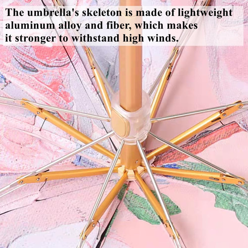Dual-use Elegant Super Lightweight Manual Compact Travel Folding Umbrella For Rain Wind and Sun, Double-sided Printed Oil Painting Floral Umbrella UV Protection UPF50+