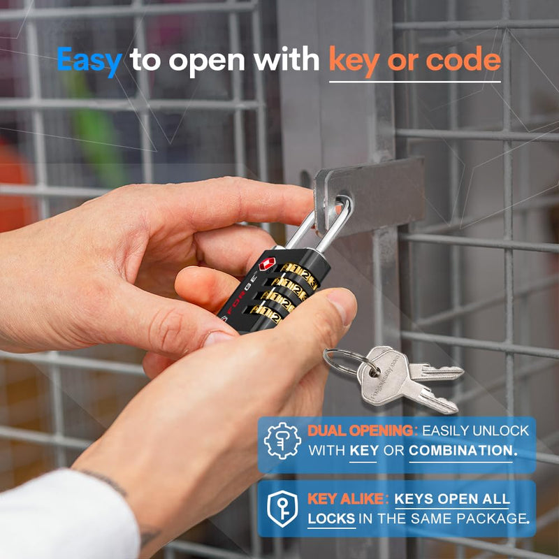 Forge Dual-Opening: Key or Combination Access Lock, Use Key to Recover Code If Forgotten, TSA Approved Locks for Luggage, Pelican case, Travel, Gym, School, Stainless Steel Shackle.(Black 6 Pk) Black