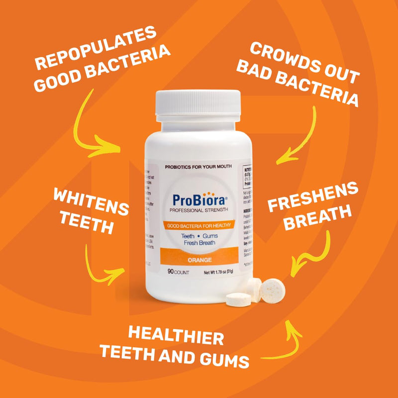 [Australia] - ProBiora Professional Strength Oral Probiotics for Teeth and Gums | Dental Probiotic for Oral Health | Bad Breath Treatment for Adults | Tooth Whitening | ProBiora3 Probiotic Blend | 90 Orange Tablets 
