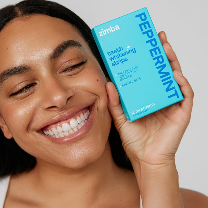 Zimba Peppermint Flavored Teeth Whitening Strips | Vegan, Enamel Safe Hydrogen Peroxide Teeth Whitener for Coffee, Wine, Tobacco, and Other Stains | 14 Day Treatment | Peppermint
