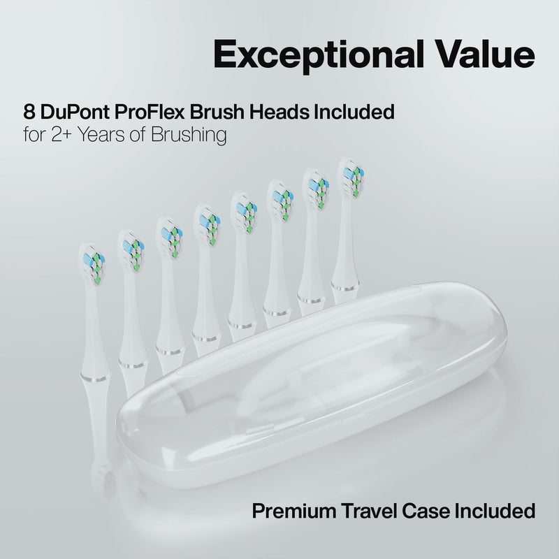 [Australia] - Aquasonic Elite Ultra-Whitening Toothbrush – ADA Accepted Power Toothbrush - 8 Proflex Brush Heads & Travel Case – 50,000 VPM Motor & Wireless Charging - 5 Modes w Smart Timer (White) White 