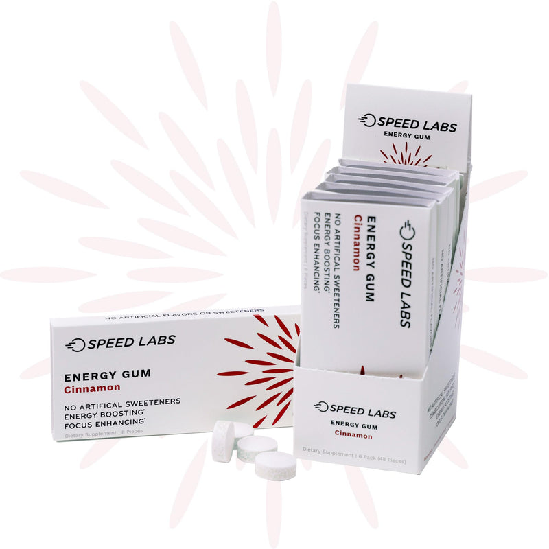 [Australia] - Speed Labs Cinnamon Natural Caffeine Energy Gum 25mg Caffeine, Taurine, B Vitamins Per Piece, 48 Pieces (6 Packs of 8) Sugar Free, Zero Calories, Naturally Sweetened, Gluten Free 