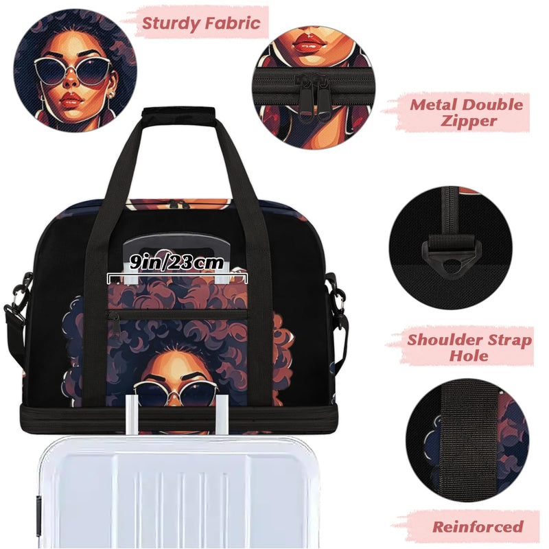 African Women Foldable Travel Duffel Bag, Expandable Weekender Overnight Carry on Bags with Shoe Compartment Sport Tote Gym Luggage for Women Men African Women
