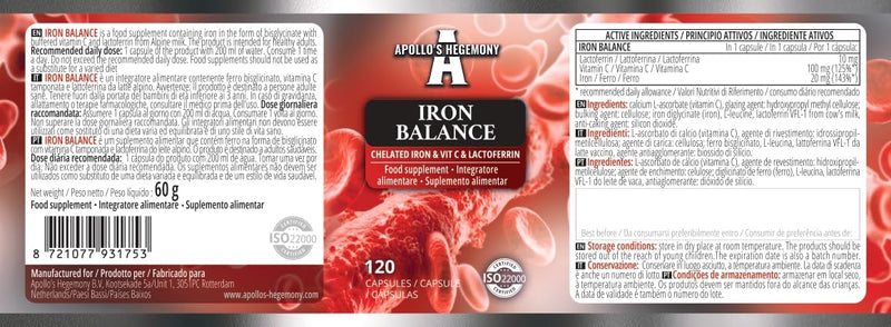 Iron Balance 120 Vegan Capsules - Iron Chelate with Vitamin C and Lactoferrin - 120 Daily Servings - for Enhanced Absorption - Dietary Supplement by Apollo's Hegemony Capsule 120 count (Pack of 1)