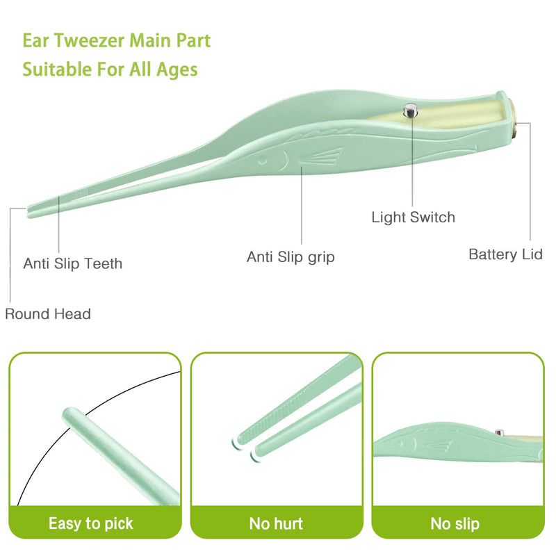 [Australia] - 4 Pack Ear Wax Removal Tool Kit with Light, Ear Pick Ear Cleaning Tools Set for Kids and Adults, Ear Picks Digger & Tweezers & Spiral Spring Ear Spoon with Storage Box (Green) Green 