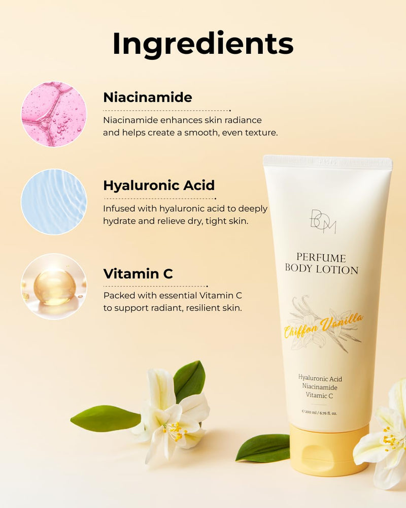 BOM Chiffon Vanilla Perfume Body Lotion 6.76 Fl Oz, Vanilla Scented Body Cream with Hyaluronic Acid, Niacinamide & Vitamin C, Long-Lasting Moisture & Fragrance, Non-Sticky & Smoothing, Korean Skincare