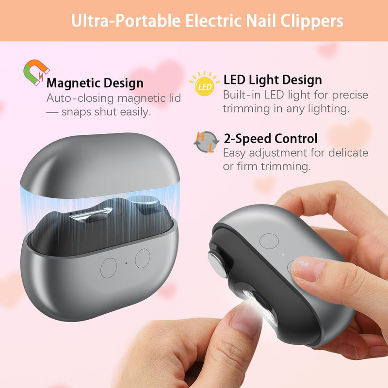 [Australia] - Electric Nail Clipper with Polishing, RIMOL 3-in-1 Automatic Nail Trimmer with LED Light & Nail Scraps Storage, Painless Grooming for Adults, Seniors, Women, Men and Kids (Matte Gray & Black) 