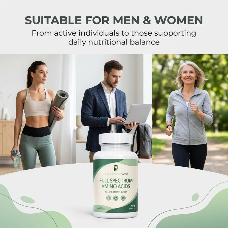 Full Spectrum Amino Acids Complex - 120 Powder Capsules - Free Form Amino Acid Supplements - Includes Essential (EAA) and BCAA for Optimal Benefits - Suitable for Vegans - Up to 4 Month Supply
