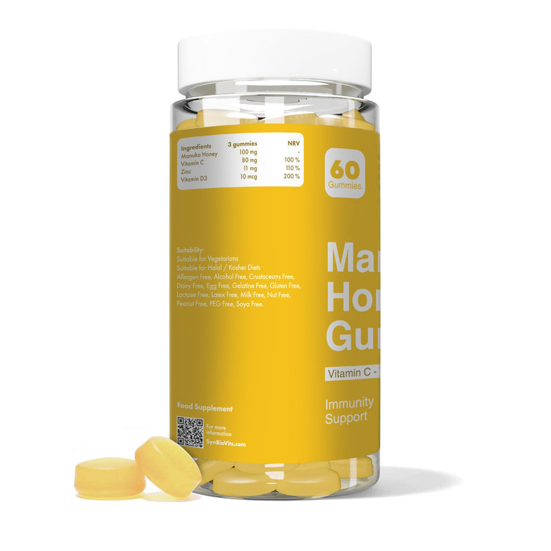 Manuka Honey Gummies | with Vitamin C, D & Zinc – Immune Support & Soothing Formula | Gelatin Free, Vegetarian, Halal & Kosher | 60 Lemon Flavour Gummies