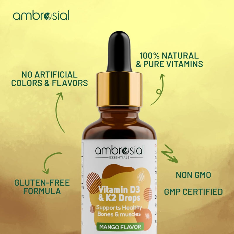 Ambrosial Vitamin D3 + K2 Drops – High Strength Liquid Supplement for Adults & Kids – 500 IU Vitamin D3 + 50 mcg Vitamin K2 – Mango Flavour, Gluten Free, Non-GMO, Easy-to-Take Vitamin D Liquid – 30 ml 30 ml (Pack of 1)