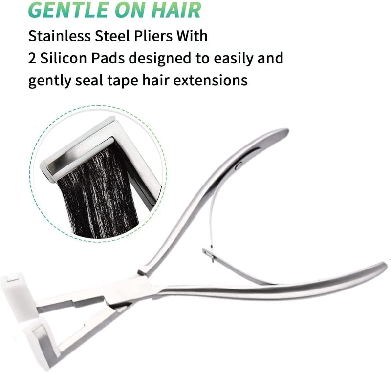 Hair Extensions Tools Kit, Professional Tape in Hair Sealing Pliers Flat Surface Hair Extension Plier Tools with Double Sided Replacement Adhesive Tape Tabs -Silvery