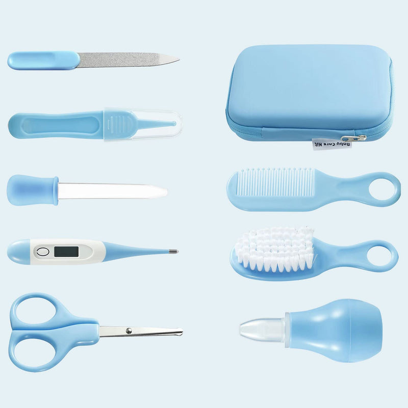 [Australia] - PandaEar Baby Healthcare and Grooming Kit, Baby Safety Set Baby Comb, Brush, Finger Toothbrush, Nail Clippers, Scissors, Nasal Aspirator, Baby Essentials Nursery Care Kit (Blue) Blue 