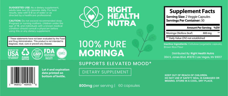 Right Health Nutra - 100% Pure Moringa 800mg - 60 Capsules - Dietary Supplement for Brighter Mood, Enhanced Concentration, and Fortified Memory - with Vitamins, Minerals, and Nourishing Nutrients