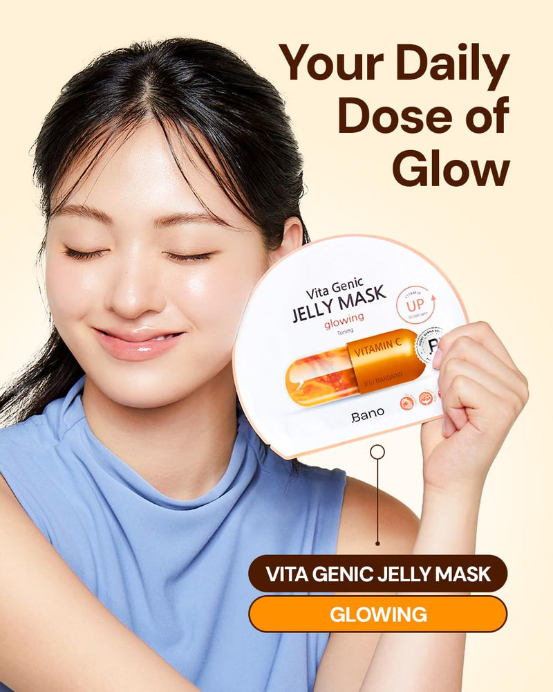 Bano Vita Genic Jelly Glowing Sheet Mask | Korean Calming Face Mask | 20EA | Glow Face Mask for Sensitive Skin | Vitamin C | Biotin & Niacinamide | Pore Mask for Sensitive Skin | Skincare for Glass Skin 1 Count (Pack of 20)