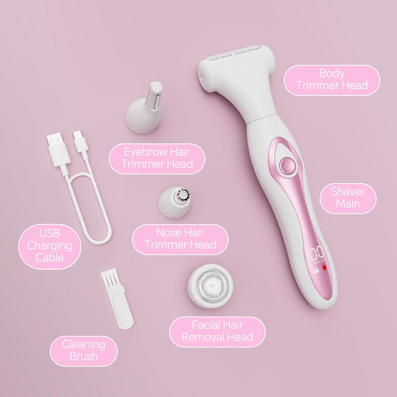 Electric Razor for Women 4-in-1 Bikini Trimmer & Body Shaver for Face, Legs, Underarms, Pubic Hair – Rechargeable Wet/Dry Painless Hair Removal with LED Display – Cordless Grooming Kit
