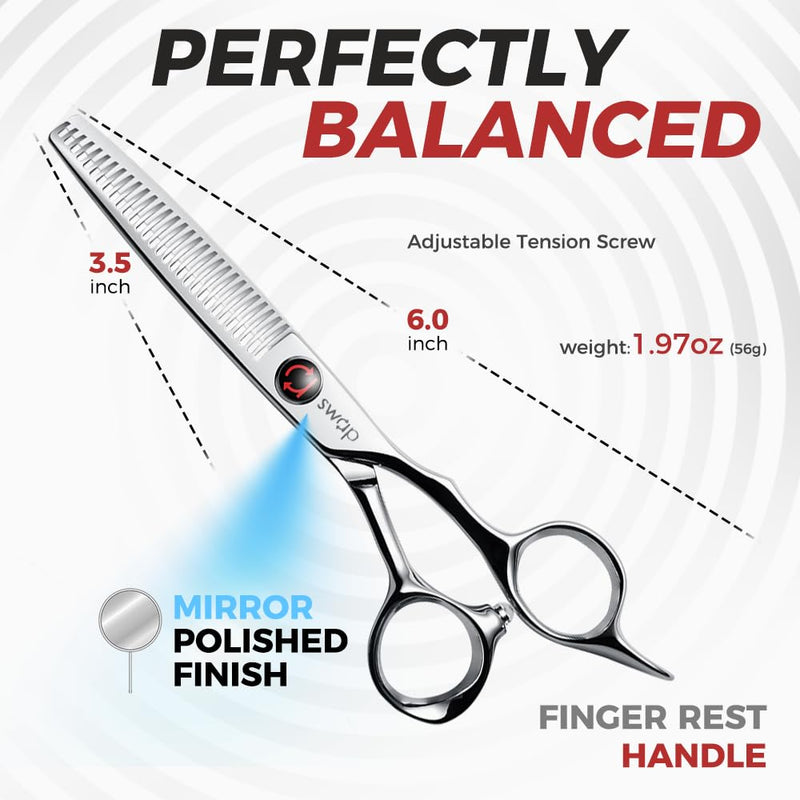 SWAP Professional Hair Thinning Scissors 6.0'' - Japanese SUS440C Steel (60-62HRC Hardness), Adjustable Tension, Ergonomic Design for Salon/Home Use Hair Trimming Scissors(S2) 6.0 '' Hair Thinning Scissors
