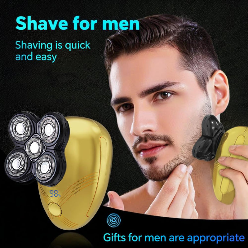 [Australia] - 5-in-1 Electric Cordless Razor for Men Head Shaver for Bald Men Grooming Kit with Nose Trimmer-Hair Clippers-Facial Brush, LED Display Rotary Shavers,USB Charging Rechargeable (Gold) Gold 