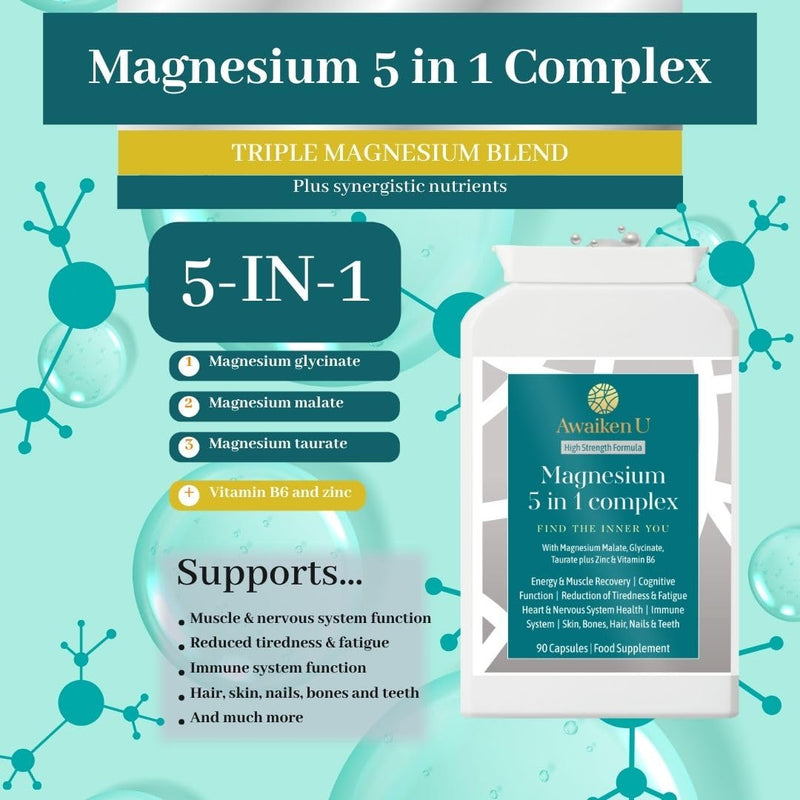 Magnesium Glycinate 5 in1 Complex -Magnesium Glycinate, Malate and Magnesium Taurate Plus Vitamin B6 & Zinc-High Strength, High Absorption, Easy to swallow-90 Vegan caps -UK Made