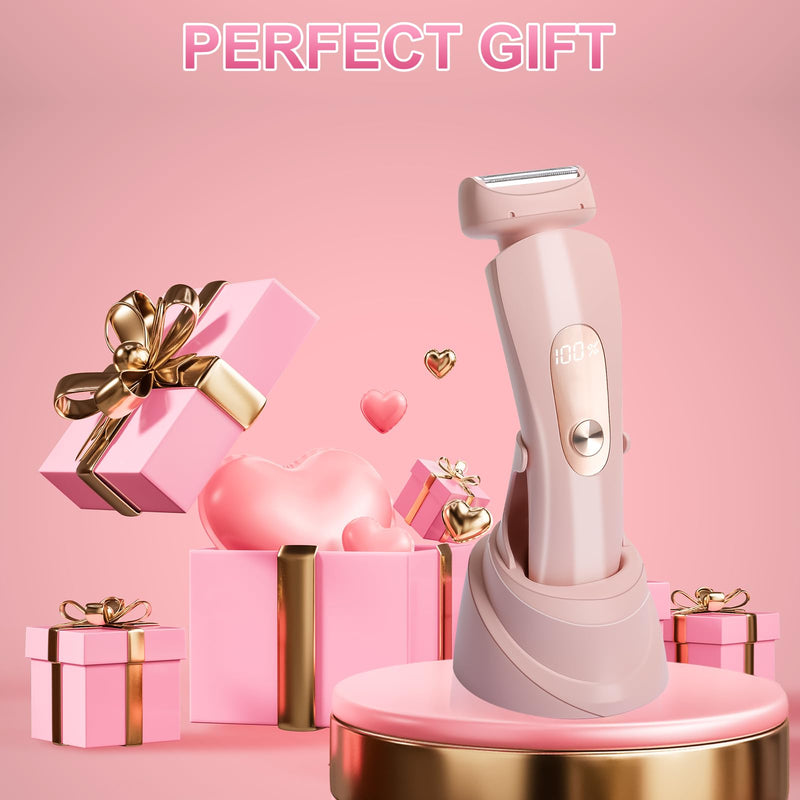 Luxsego 2 in 1 Electric Bikini Trimmer for Women, IPX7 Waterproof Wet & Dry Use Electric Razors for Women Pubic Hair, Painless Bikini Shaver with LED Light & Display, Dual USB Charge Dock, Pink