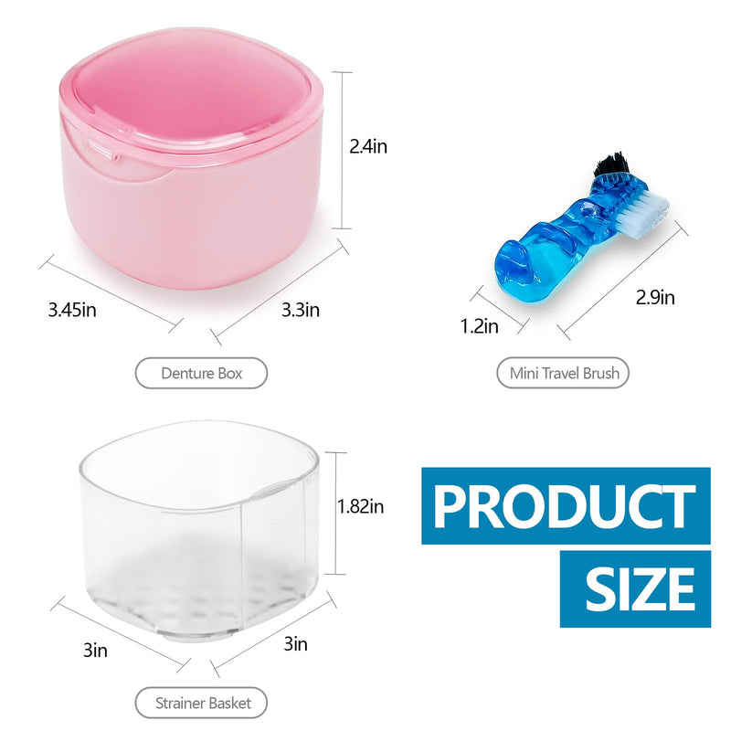 [Australia] - Partial Denture Case Leak Proof with Strainer Basket and Brush, Waterproof Denture Cup Retainer Cleaning Bath Case Travel for Dentures, Braces, Night Guard - Pink 