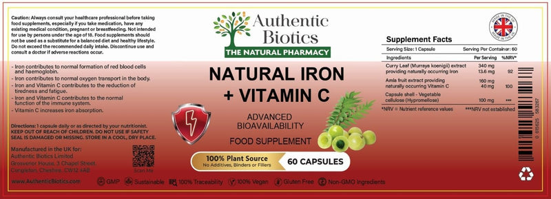 Iron & Vitamin C Supplement | 60 Vegan Capsules | Plant-Based Iron from Curry Leaves & Vitamin C from Amla | Supports Energy, Immunity & Reduces Tiredness | 2 Month Supply 1