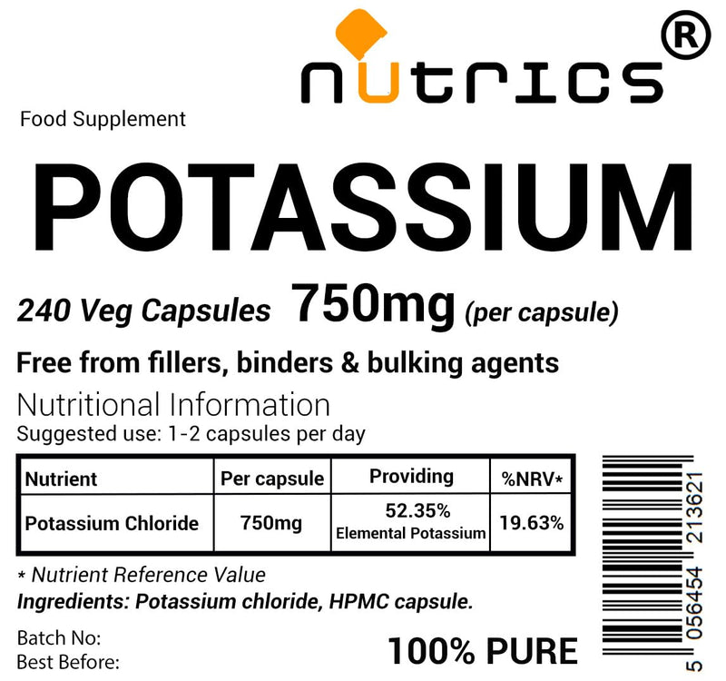 750mg Potassium Chloride 100% Pure x 240 V Capsules - (8 Month Supply) - Suitable for Vegan Vegetarians (240)
