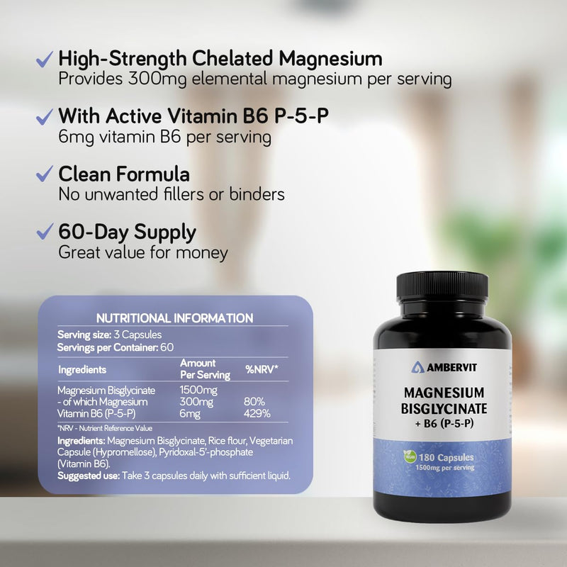 Magnesium Glycinate with Vitamin B6 P-5-P – 180 Vegan Capsules – 1500mg Bisglycinate, 300mg Elemental Magnesium – High Strength Chelated Formula – 2 Months Supply – Made in EU