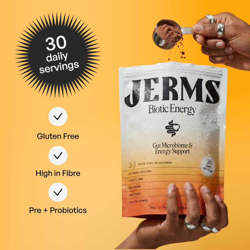 JERMS Biotic Energy | Caffeine-Free Cacao Blend with Lion's Mane, Cordyceps & Adaptogens | Calm Focus, Steady Energy & Gut Support, Coffee Alternative | 30 Servings