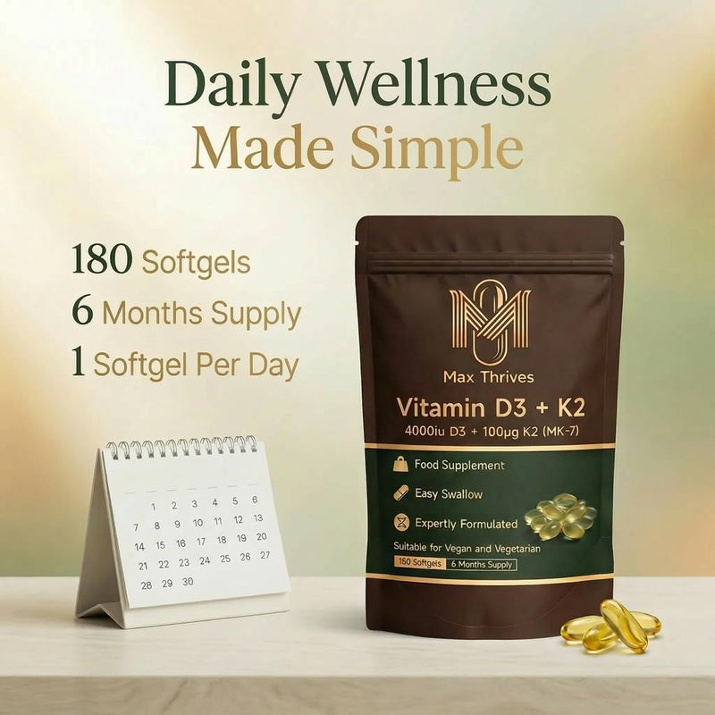 Vegan Vitamin D3 K2 Softgels 4000IU, 6 Months Supply, Olive Oil Based Lichen Sourced D3 and K2 Vitamin Complex, High Strength Vitamin D with K2, D3 Vitamin Supplements, 180 Count - Max Thrives