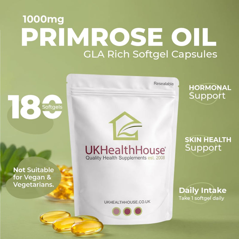 UKHealthHouse Evening Primrose Oil – EPO Capsules, 1000mg x 180 Softgels – High Strength Omega 6 GLA Content – Great for Skin, Immune System, Hormonal Pain, Hot Flushes & Women’s Health 180 count (Pack of 1)