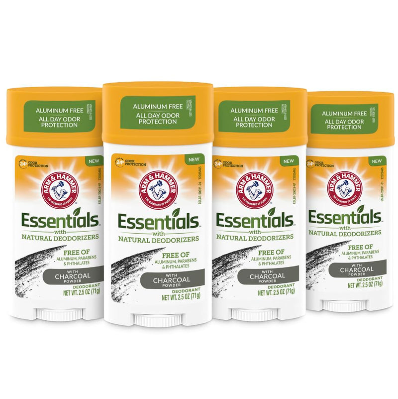 ARM & HAMMER Essentials Fluoride-Free Toothpaste Whiten + Activated Charcoal-4 Pack of 4.3oz Tubes, Clean Mint- 100% Natural Baking Soda & Essentials Charcoal Deodorant 4-Pack