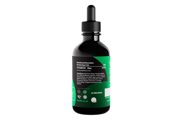 liposomal Vegan Vitamin D3 Supplement | Highly absorbable Plant sourced D3 | Manufactured in UK to cGMP Standards | lipolife | 60 Servings. 1000IU. LVD2. 60 ml (Pack of 1)