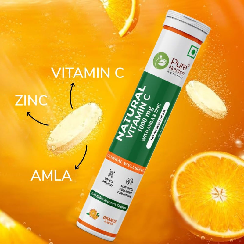 Pure Nutrition Vitamin C & Zinc, 40 Effervescent Tablets (20 x 2), Orange Flavour, 1000mg Amla Extract, Supports Skin, Immunity & Daily Wellness for Men & Women