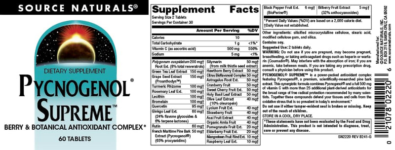 [Australia] - Source Naturals Pycnogenol Supreme, Berry & Botanical Antioxidant Complex* - 60 Tablets 60 Count (Pack of 1) 