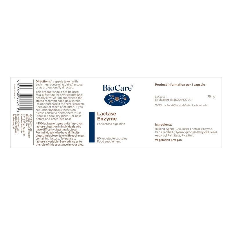 BioCare Lactase Enzyme - High Potency Capsules for Improved Lactose Digestion - Suitable for Vegetarians & Vegans - 60 Capsules 60 count (Pack of 1)