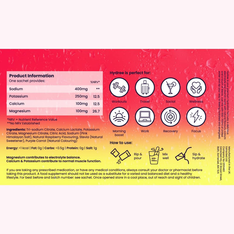 Hydree Advanced Electrolyte Drink Mix, Sodium Potassium Magnesium Calcium Citrate Blend, Natural Raspberry Flavour, Zero Sugar, Himalayan Salt and Stevia, 24 Single-Serve Sachets