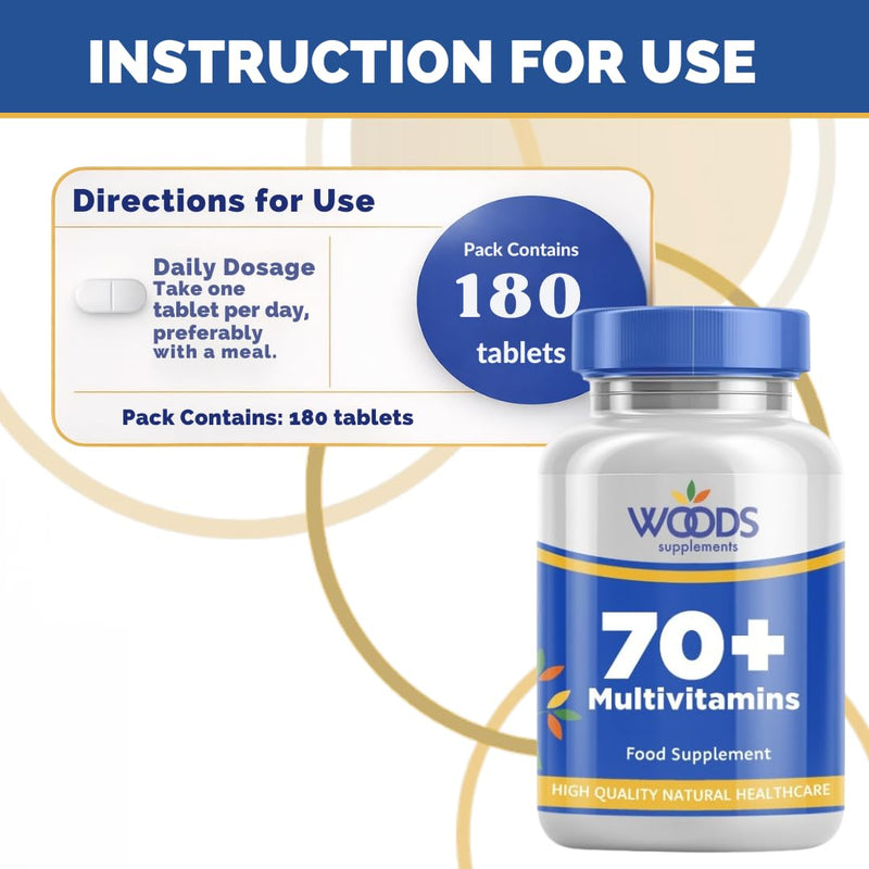 Woods Supplements - Multi Vitamin Tablets for Men & Women (180x). Combination of Multivitamins & Essential Minerals. Supply of Vitamin A, C, D & E. Immune System Booster Adult Multivitamin Over 70s 180