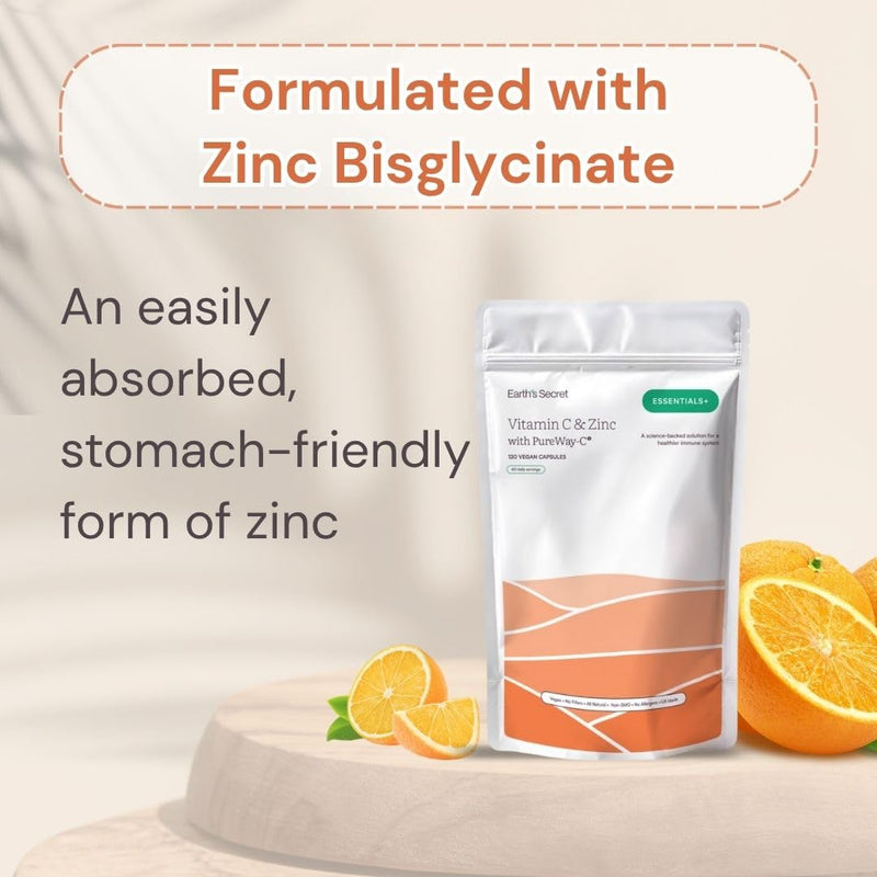 Earth’s Secret Essentials+ Vitamin C & Zinc Capsule with PureWay-C® and Zinc Bisglycinate – Vegan, Non-GMO, No Fillers, Clean Formula for Immune & Skin Support – 120 Vegan Capsules, 60 Daily Serving