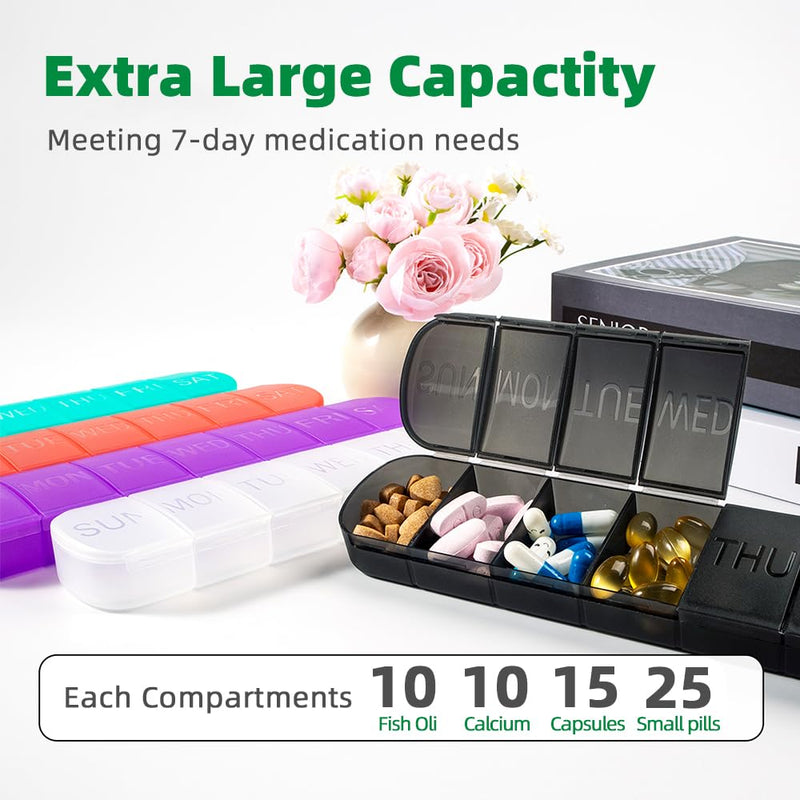 2 PCS Weekly Pill Organiser 1 Times a Day, Arthritis Friendly Travel Pill Case, BPA-Free Pill Box 7 Day, Large Compartments to Hold Vitamins Supplements Medicine (Black) Black