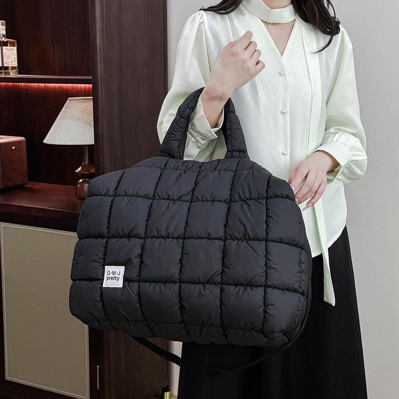 Puffer Tote Bag Quilted Duffle Bag for Women Puffy Crossbody Overnight Shoulder Handbag Large Weekender Bags Gym Travel Black