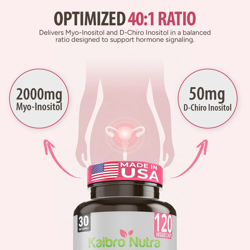 Kaibro Nutra Myo-Inositol & D-Chiro Inositol 40:1 Supplement - 2050mg | Hormone Balance & Ovarian Support for Women with Vitamin B8, Vegan, Non-GMO (120 Capsules) 120 Count (Pack of 1)