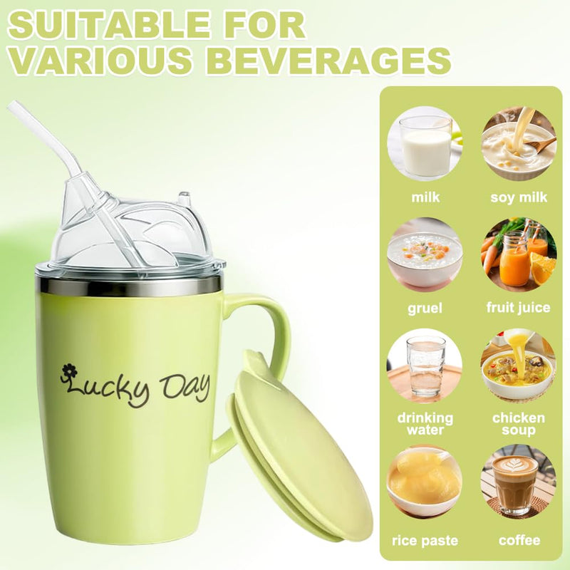 Adult Sippy Cup 350ml, 3-in-1 Beakers for Elderly with Lid And 30cm Straw, Non Spill Cups for Elderly, Anti Choke Safe Drinking Cup for Elderly Disabled Patient Maternity, Dysphagia Cups (Green)