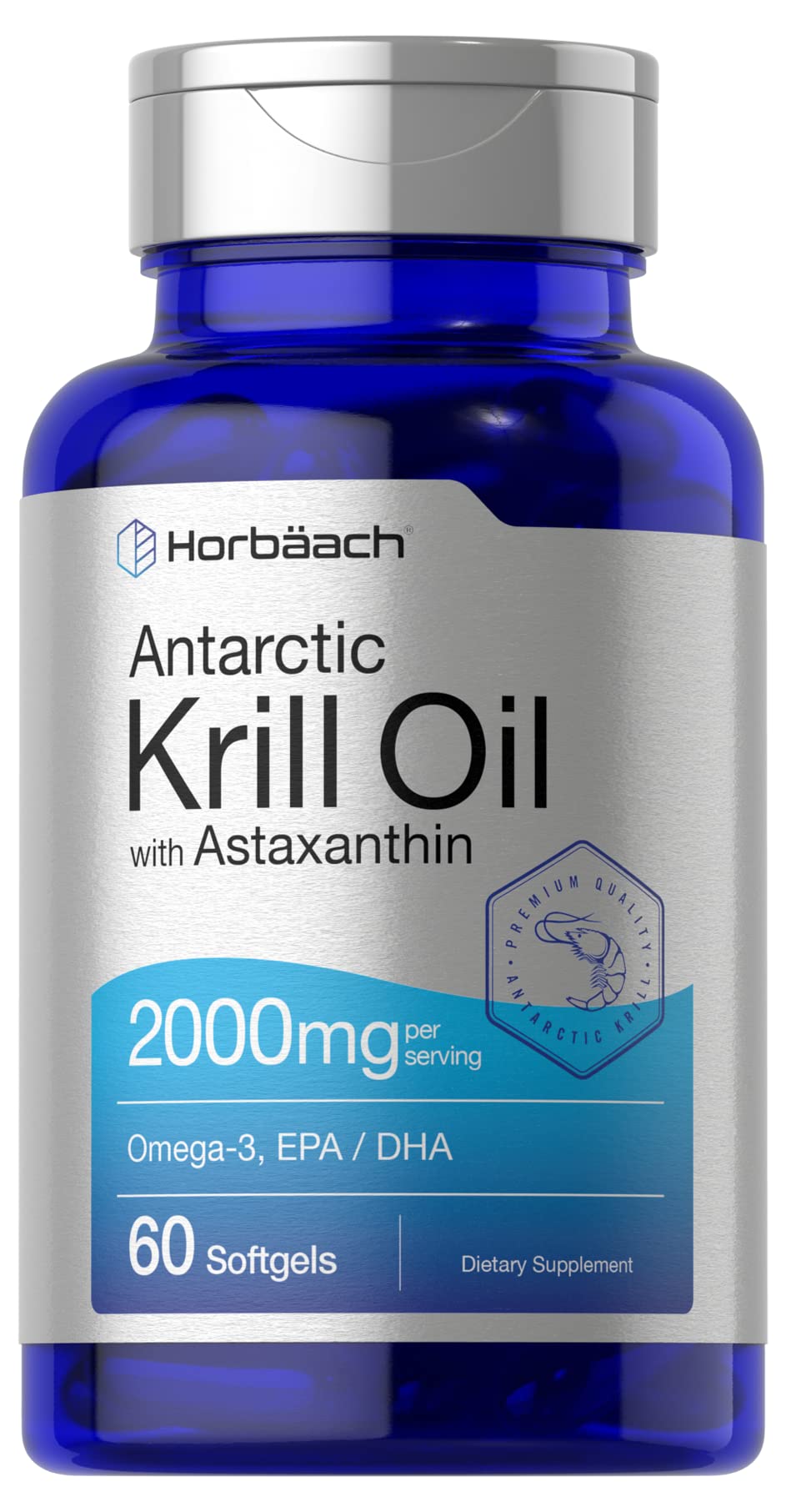 Horbäach Antarctic Krill Oil 2000mg | 60 Softgel Capsules | Omega-3, EPA, DHA Supplement | with Astaxanthin | Non-GMO, Gluten Free