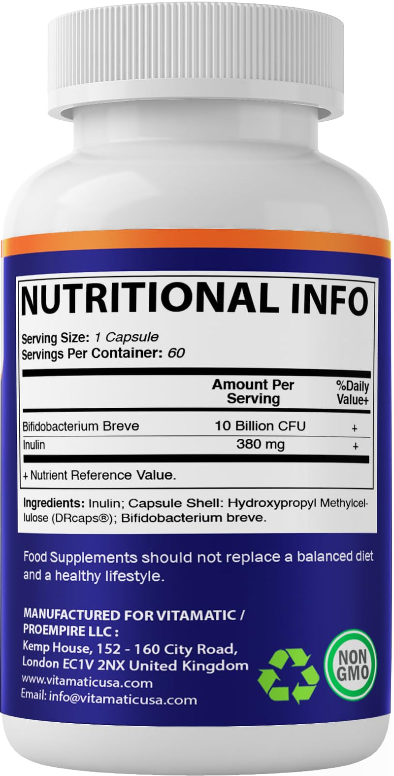 Vitamatic Bifidobacterium Breve - 10B per DR Capsule - 60 Count - Digestive Support - Made with Prebiotic Inulin Fiber