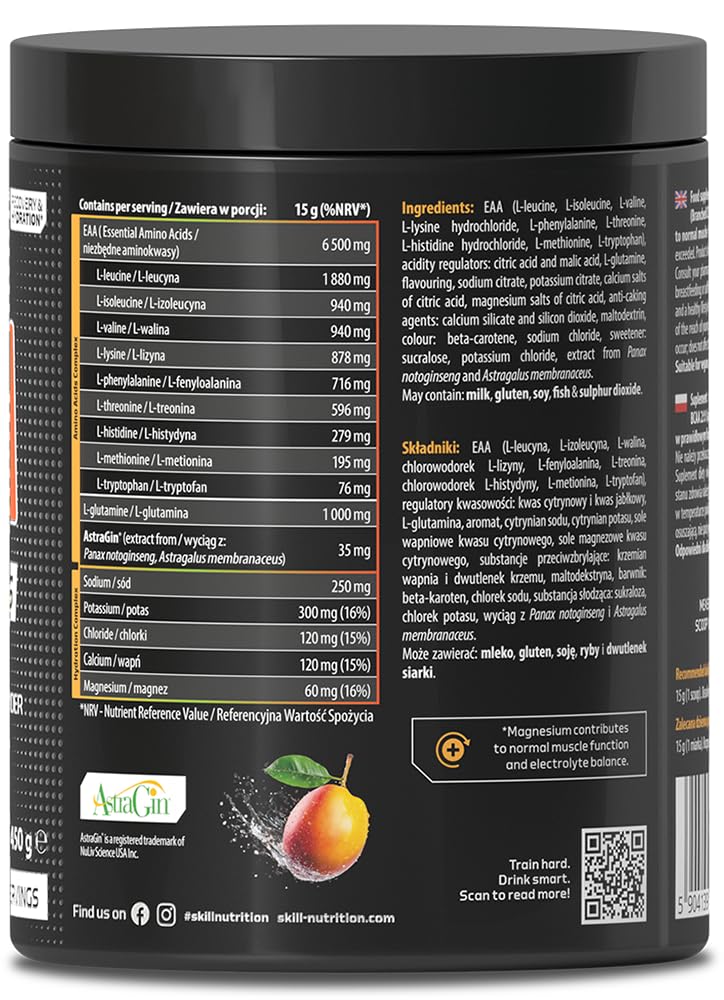 Skill Nutrition EAA + Electrolytes - Mango Flavour | 6.5 g EAA per Serving | BCAA 2:1:1, 1000 mg L-Glutamine, Electrolytes & AstraGin® | Powder Supplement | 450 g