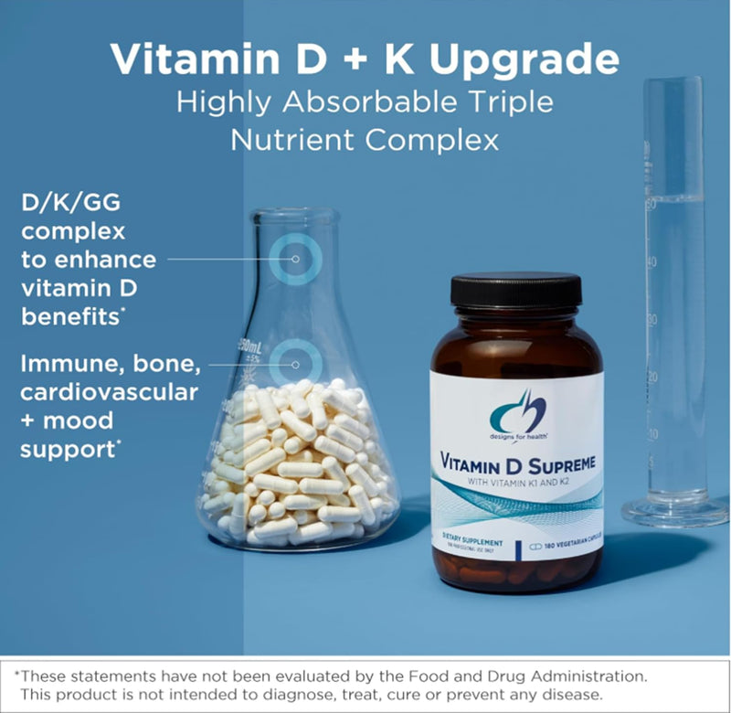 [Australia] - Designs for Health Vitamin D Supreme - Vitamin D 5000 IU with 2000mcg Vitamin K as MK4 for Bone Health, Heart Health & Immune Support - Vitamin D3 Enhanced with GG Supplement (60 Capsules) Unflavored 60 Count (Pack of 1) 